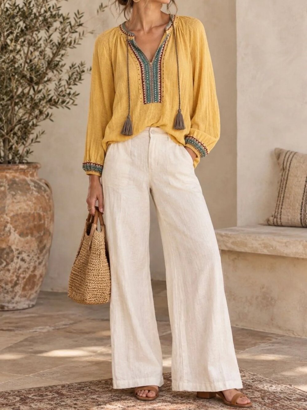 Sundance 100% Linen Bohemian Yellow Emboidered Top Tribal Decorative Beading S